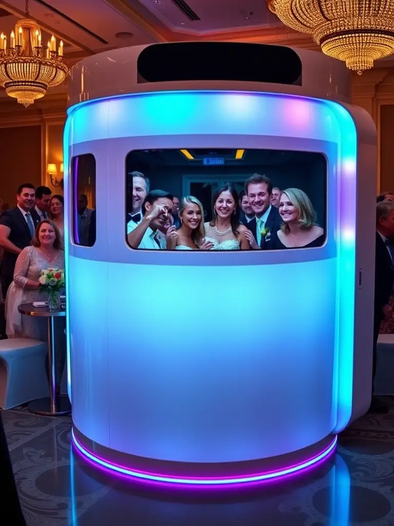 A modern 360 photo booth set up at a wedding reception, capturing guests enjoying the interactive experience, available for rental from XirfadTech Solutions.