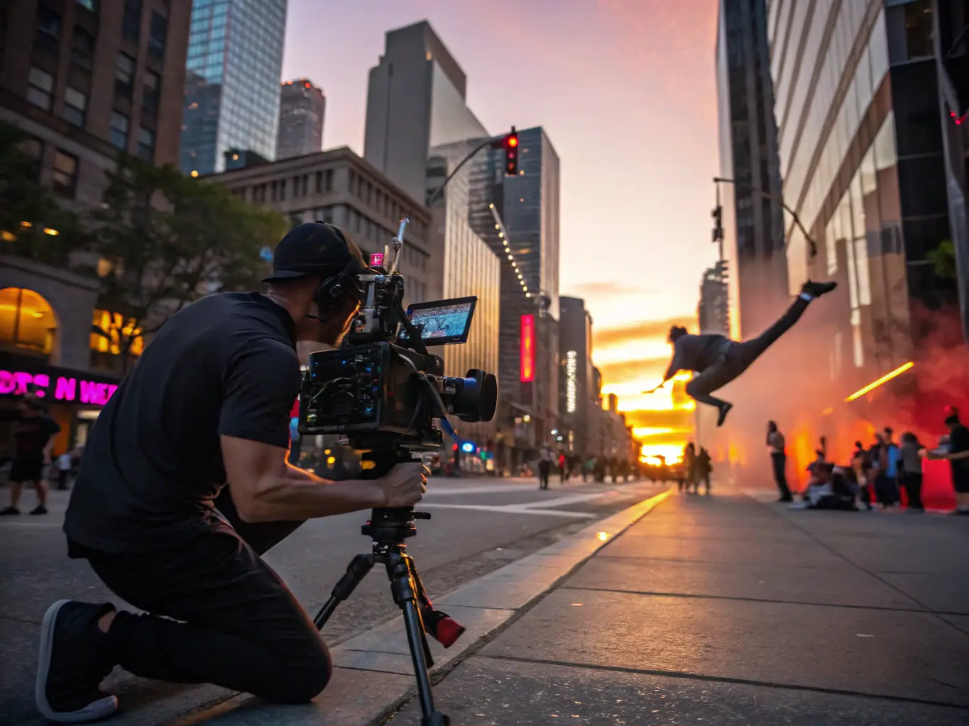 A videographer filming a promotional video in an urban setting, highlighting the dynamic and creative videography services offered by XirfadTech Solutions.