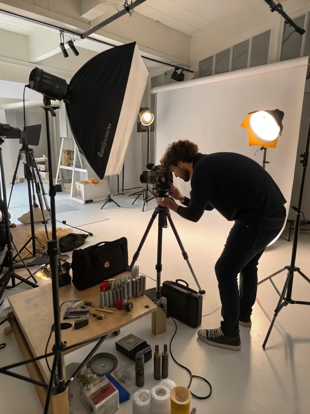 A behind-the-scenes shot of a photo shoot with various lighting equipment and props, demonstrating XirfadTech's comprehensive media production setup.