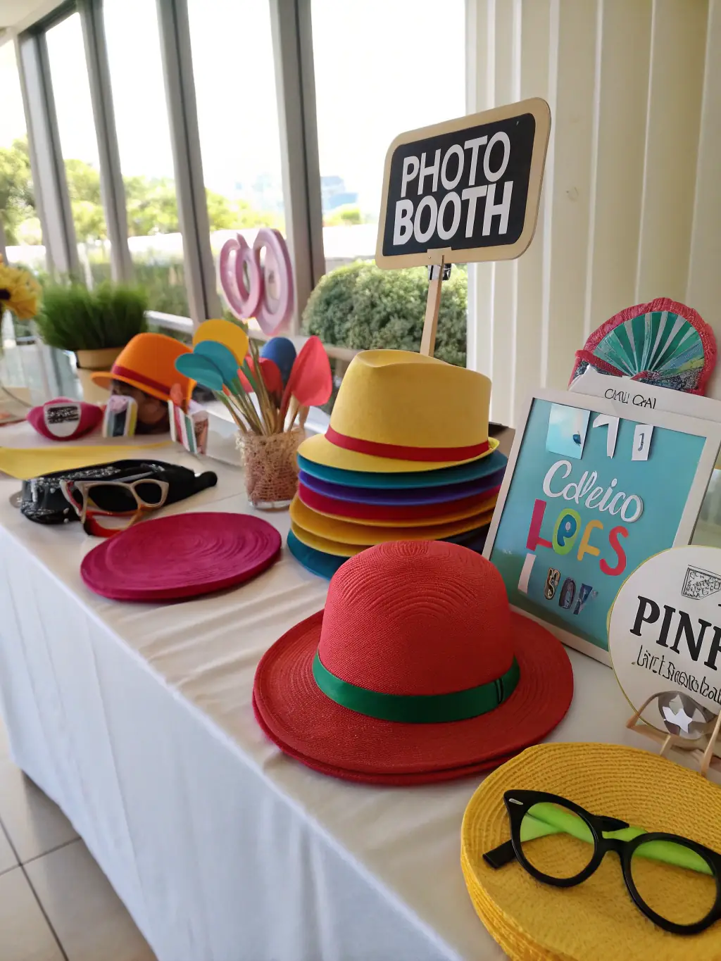 A collection of fun and quirky props used in the photo booths, including hats, glasses, signs, and inflatable items, adding an element of playfulness to the experience.