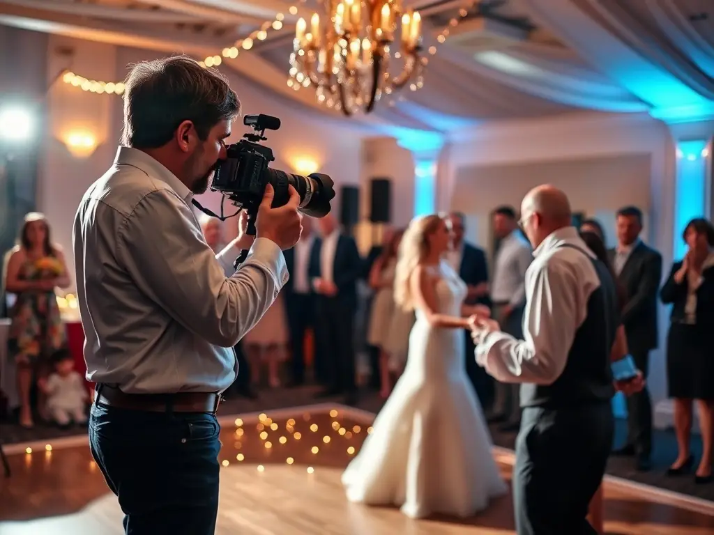 A beautifully lit wedding scene with a professional photographer capturing the bride and groom during their first dance, showcasing high-quality photography services.