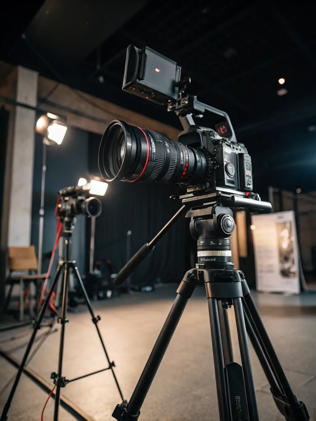 A high-quality DSLR camera with various lenses, set up on a tripod in a well-lit studio environment, ready for rental at XirfadTech Solutions.