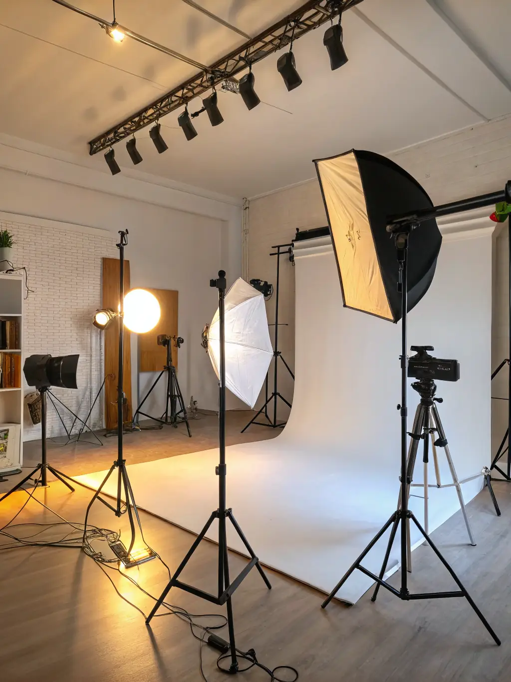 A variety of lighting equipment and accessories neatly organized in a studio setting, ready for rental at XirfadTech Solutions.