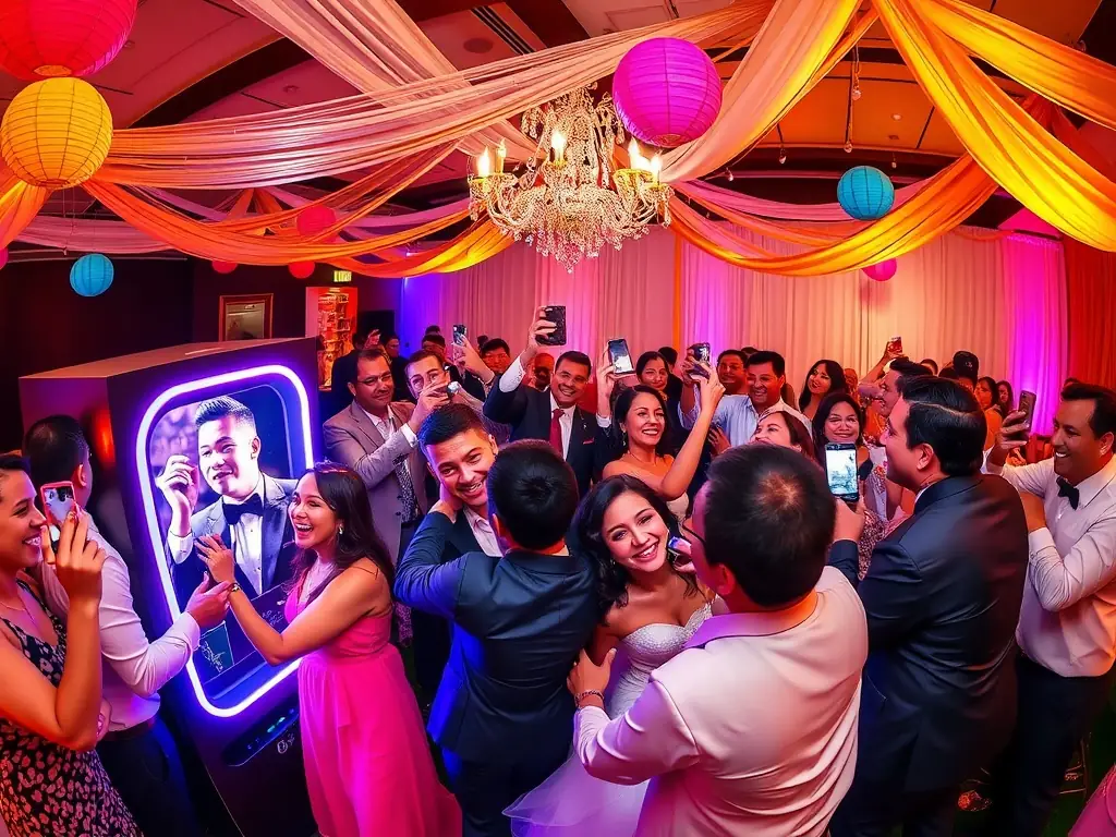 A group of wedding guests laughing and posing inside a 360 photo booth, with custom-designed templates and instant sharing options, demonstrating XirfadTech's 360 booth service.