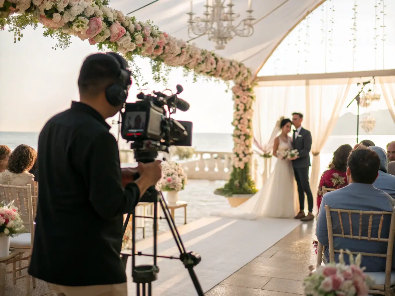 A dynamic video shoot at a wedding, featuring a videographer capturing candid moments and key highlights of the ceremony and reception.