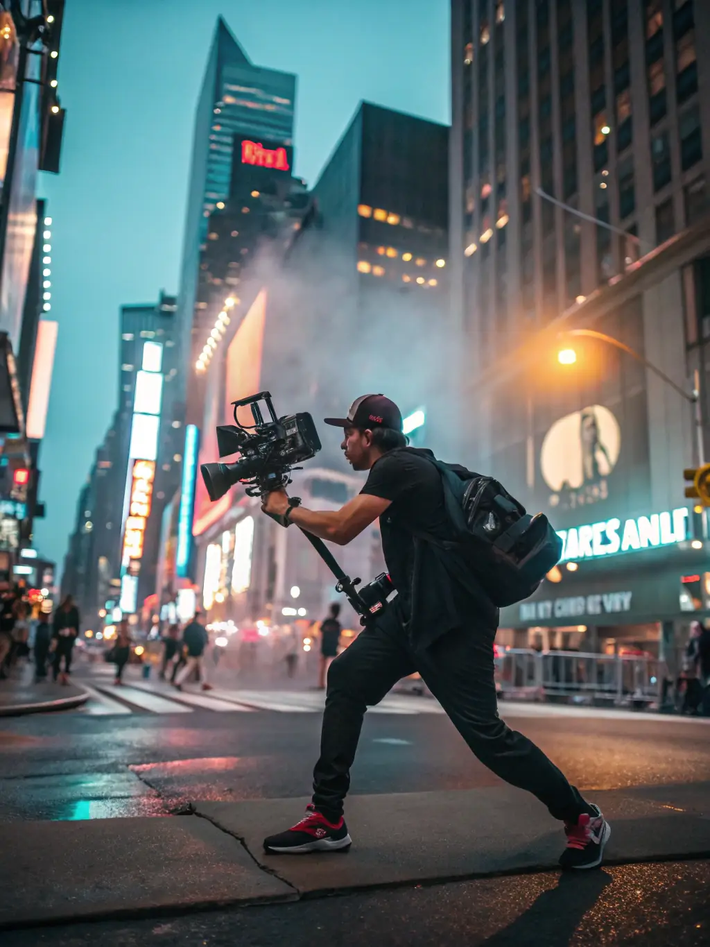 A videographer filming a promotional video in a dynamic urban environment, highlighting XirfadTech's capabilities in creating engaging video content.