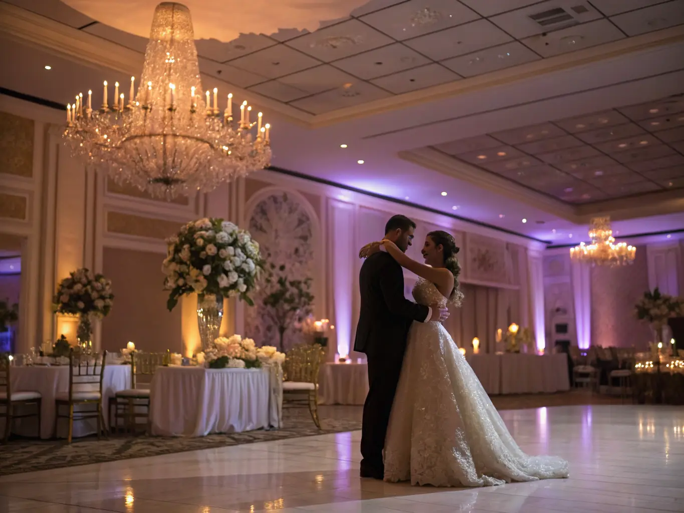A beautifully composed photograph capturing a bride and groom during their first dance, with soft, romantic lighting and a shallow depth of field, showcasing XirfadTech's wedding photography services.