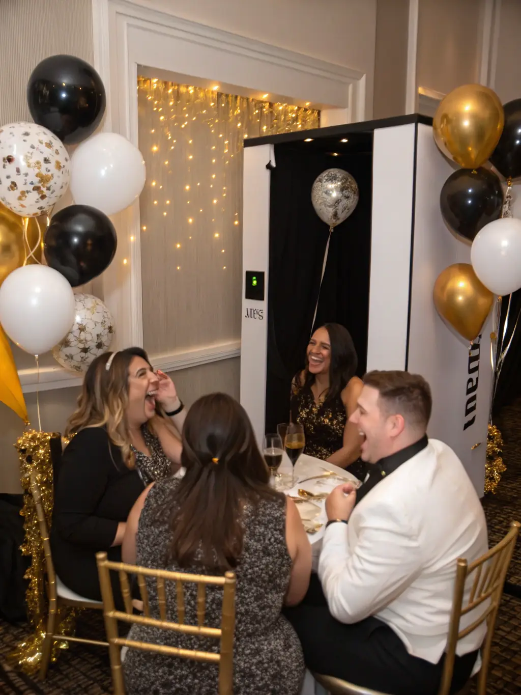 A vibrant image of the 'Guac & Chips' DSLR photo booth setup at a wedding reception, capturing guests laughing and enjoying the interactive experience with custom props and backdrops.