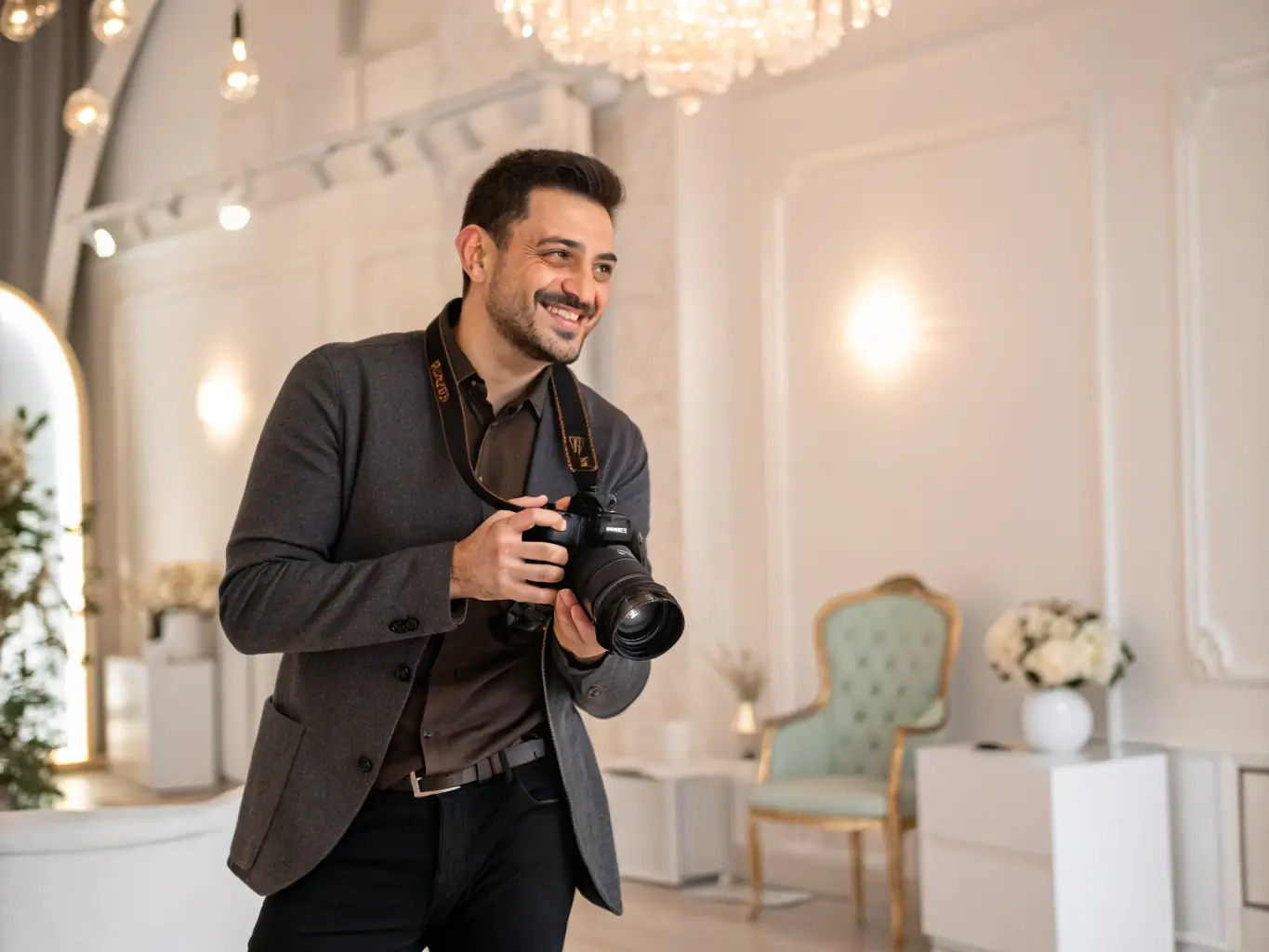 A professional photographer capturing a portrait in a modern studio setting, showcasing lighting equipment and backdrops, emphasizing the quality and expertise of XirfadTech Solutions' studio sessions.