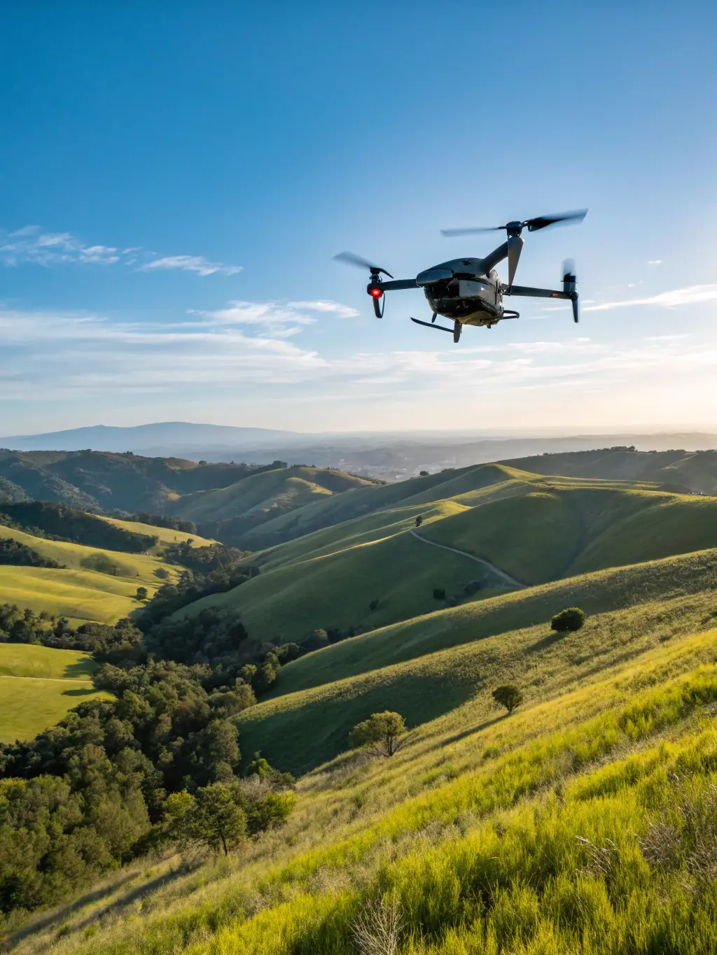 A professional drone hovering above a scenic landscape, capturing aerial footage, available for rent from XirfadTech Solutions.