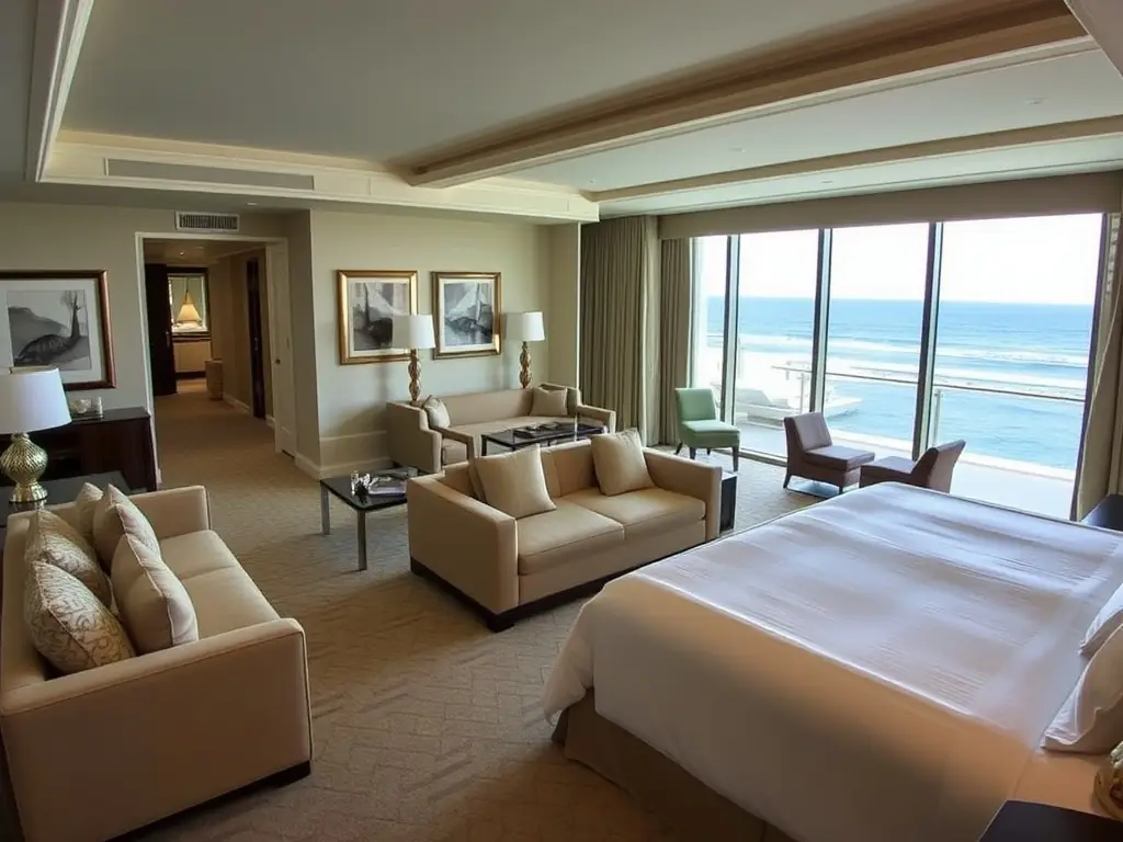 A luxurious hotel suite with a stunning ocean view, representing the premium hotel booking services available through Xirfad Travels.