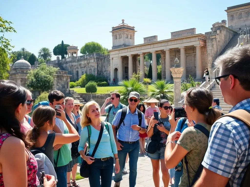 A vibrant group of travelers exploring a historical landmark, illustrating the group travel services provided by Xirfad Travels.